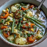 Creamy Amish Snow Day Soup ladled into a rustic bowl beside crusty bread.
