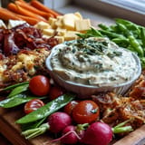Fresh spring charcuterie board featuring radishes, peas, and herb dip with cured meats.