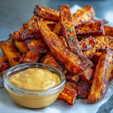 Golden air fryer sweet potato fries ready for dipping in smoky chipotle aioli.