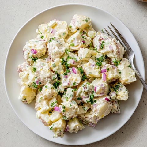 Chilled classic potato salad served in a white bowl, garnished with fresh herbs for a perfect barbecue side.