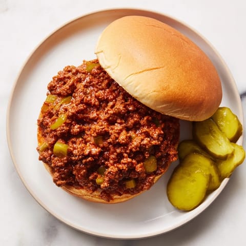 Steaming ground beef mixture simmered in sweet-savory tomato sauce, piled high on soft toasted buns.