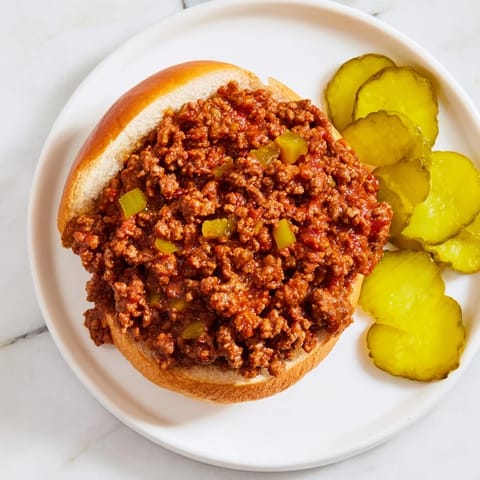 Golden-toasted hamburger buns brimming with savory, saucy Sloppy Joes and crisp dill pickle slices.