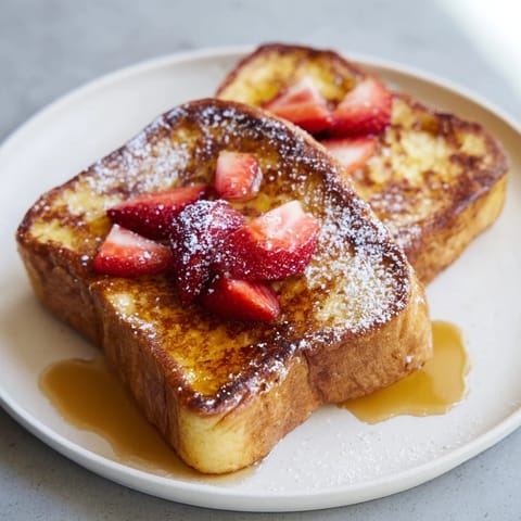 Golden brown French toast slices topped with fresh berries and maple syrup on a rustic plate.