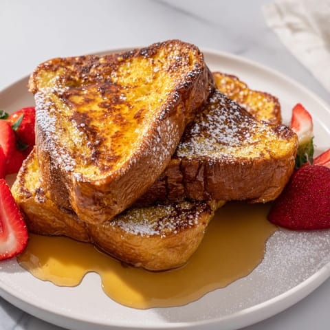 Crispy edged French toast with powdered sugar dusting served warm with a side of syrup.