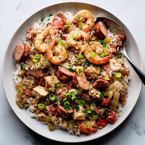 Brightly colored bowl of homemade Jambalaya with andouille sausage, chicken thighs, and pink shrimp, garnished with fresh green onions for a festive Creole dinner.