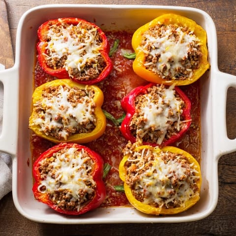 Freshly roasted Stuffed Bell Peppers garnished with parsley, showing a hearty interior of meat, rice, and gooey mozzarella on a rustic plate.