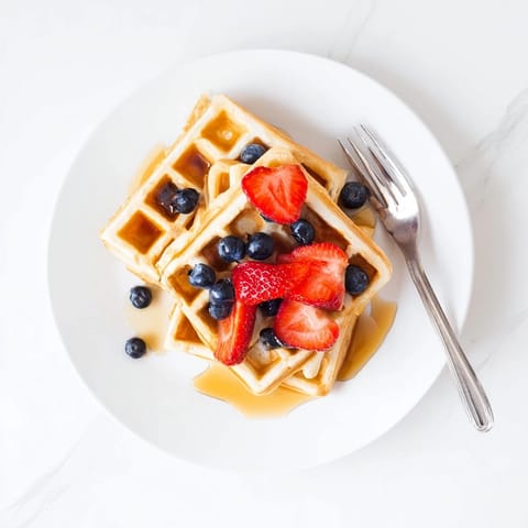 Golden, crisp-edged waffles steam gently, served warm with maple syrup and fresh berries for a classic American breakfast.