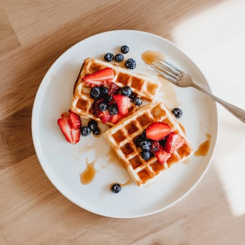 Freshly made waffles reveal fluffy interiors and crunchy exteriors, perfect for brunch with butter and strawberry toppings.