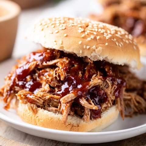 Tangy barbecue sauce coats tender shredded pork in this classic Pulled Pork Sandwich meal.