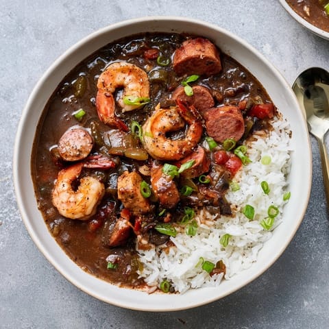 A ladle serves a generous portion of hearty Gumbo, revealing rich, dark broth, shrimp, and vegetables.
