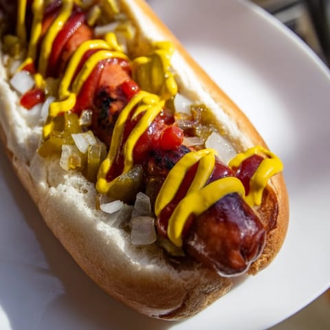 Golden-brown hot dogs nestled in toasted buns, loaded with yellow mustard, ketchup, sweet relish, and chopped onions.