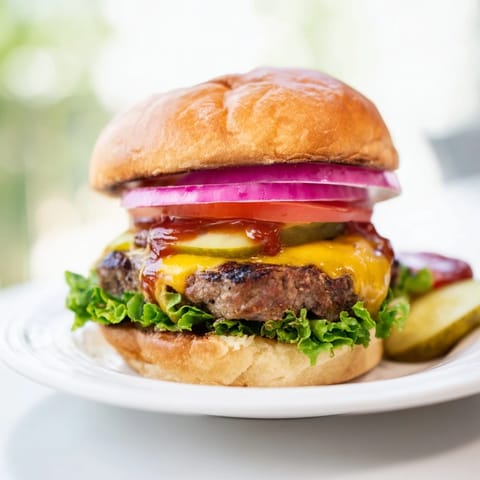 Two grilled hamburgers on sesame seed buns with pickles and condiments, served alongside golden potato fries on a plate.