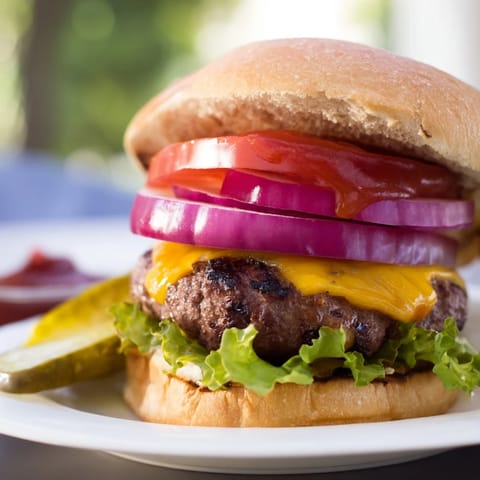 Homemade juicy hamburgers with melted cheddar cheese on toasted buns, topped with crisp lettuce, tomato, and onion.
