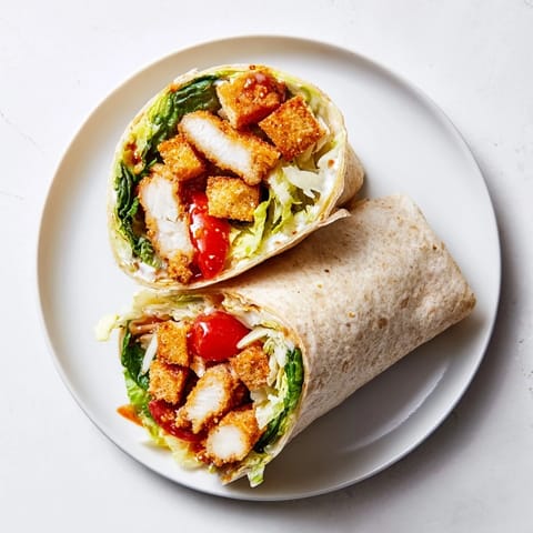 A handheld Hot Honey Chicken Caesar Wrap cut in half, revealing creamy Caesar salad and golden chicken inside.  