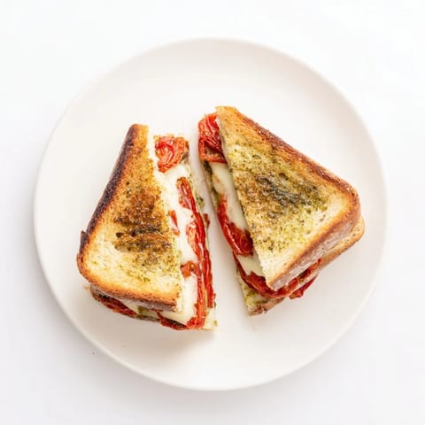 A close-up of Roasted Tomato Pesto Grilled Cheese, showing layers of gooey mozzarella, sharp cheddar, and vibrant pesto spread.