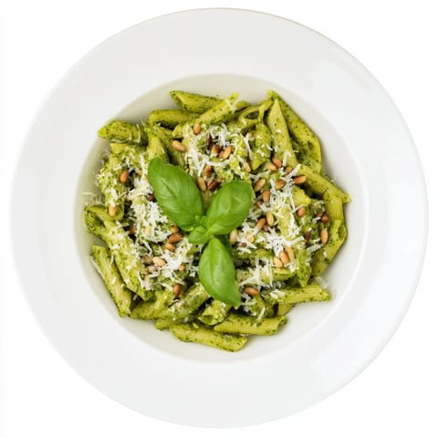 Bowl of Creamy Sunflower Seed Pesto Pasta garnished with grated Parmesan, ready to serve at dinner.
