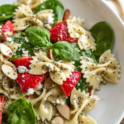 Vibrant Spring Spinach Strawberry Pasta Salad features tender bow-tie pasta tossed with fresh spinach, sliced strawberries, and crunchy almonds, all drizzled with tangy poppy seed dressing.  