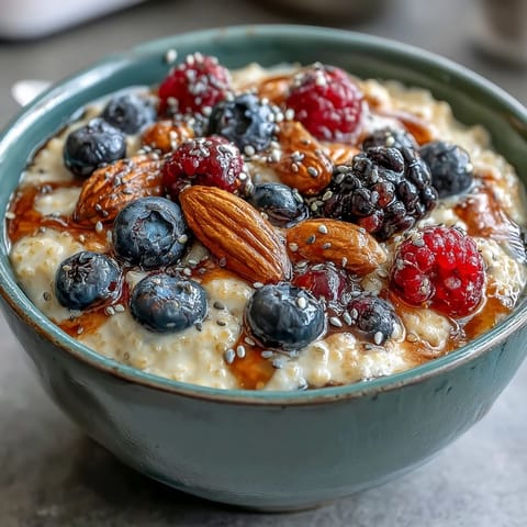 Creamy Millet Porridge With Berries in a rustic ceramic bowl, topped with vibrant blueberries and raspberries for a nutritious start.