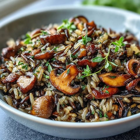 A close-up of Wild Rice and Mushroom Pilaf with sautéed cremini mushrooms and fresh parsley garnish on a white plate.