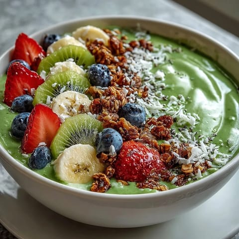 Green smoothie bowl garnished with sliced bananas and kiwi for a refreshing, healthy breakfast.
