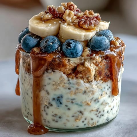 A creamy jar of Overnight Oats With Chia Seeds topped with fresh berries and sliced bananas for a perfect morning breakfast.  