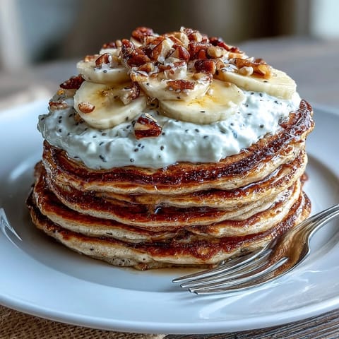 Golden-brown Protein Power Pancakes stack high, drizzled with maple syrup and topped with fresh berries for a nutritious breakfast.  