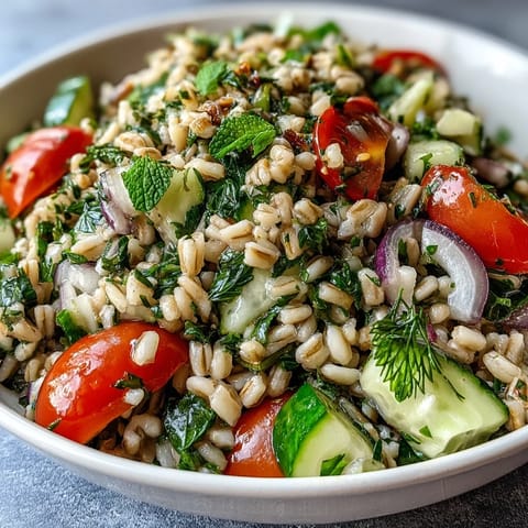 Bright, chilled Barley and Herb Salad in a white bowl, featuring chopped parsley, mint, dill, cherry tomatoes, and cucumber with lemon vinaigrette.