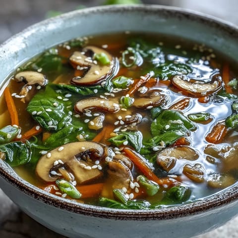 Miso Ginger Winter Soup with shiitake mushrooms, carrots, and wilted spinach in broth. 