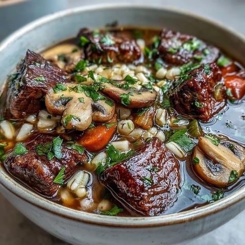 Steaming bowl of hearty Vegetable Beef, Barley, and Mushroom Soup with crusty bread on the side.
