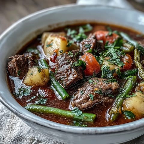 Steaming bowls of homemade Beef and Vegetable Soup feature tender beef chunks and colorful root vegetables in a rich broth.