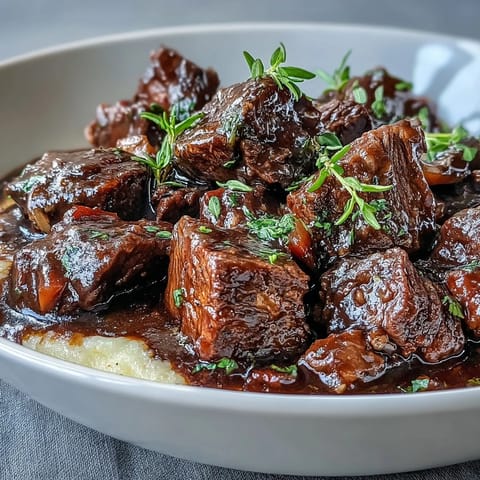 Steam rises from a rich bowl of Venison Stew with Sloe Gin, paired with buttery polenta, ready for a cozy dinner.
