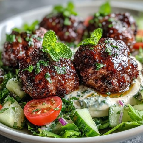 A close-up of Venison Meatballs with Spiced Salad and Hummus, featuring creamy hummus and vibrant cherry tomatoes.