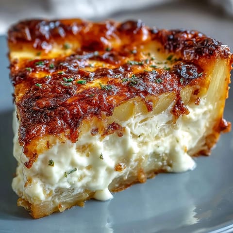 Creamy, golden Cheese and Potato Pie with chives garnish, paired alongside a crisp green salad on a rustic table.