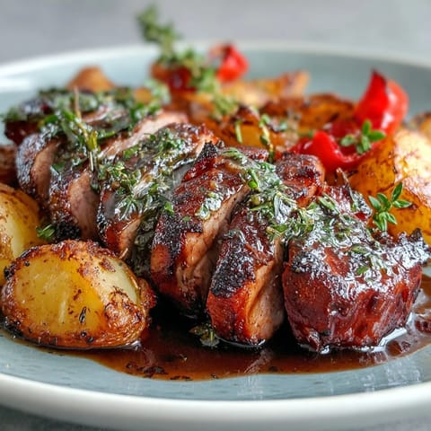 Freshly sliced marinated Ibérico pork fillet rests beside crispy roasted potatoes and tender red peppers, drizzled with pan juices on a rustic plate.