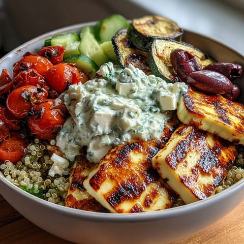 Freshly grilled zucchini and red bell peppers charred to perfection, nestled over nutty quinoa in this Healthy Grilled Mediterranean Bowl.