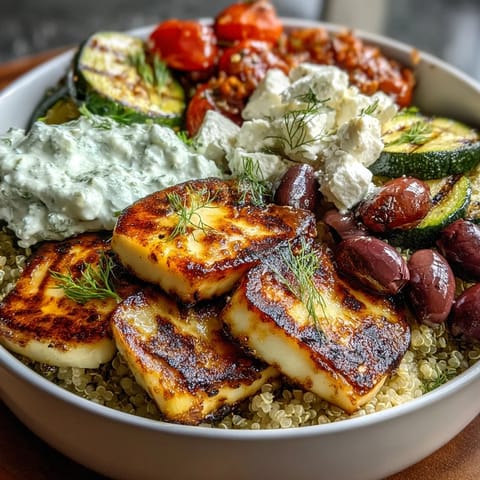 Sliced chicken or golden halloumi rests atop the Healthy Grilled Mediterranean Bowl, drizzled with creamy tzatziki and briny olives.