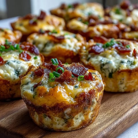 A close-up of fluffy Breakfast Egg Muffins with melted cheese and bacon, served warm on a rustic plate.