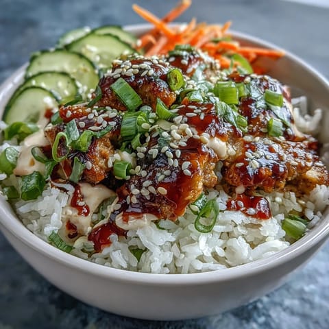 A steaming Bang Bang Ground Turkey Rice Bowl garnished with sesame seeds, scallions, and fresh cilantro.
