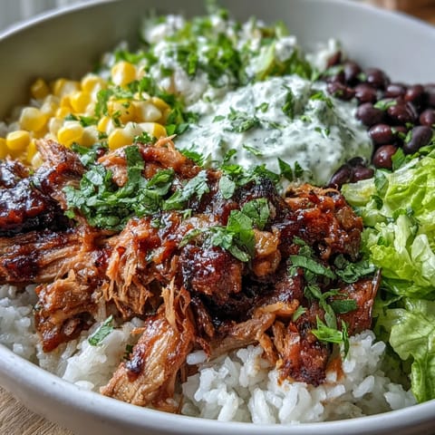 A vibrant Carnitas Burrito Bowl with tender shredded pork, fluffy rice, black beans, and sweet corn topped with crisp lettuce.