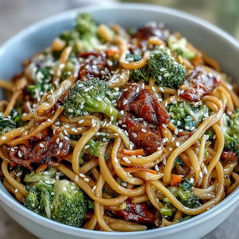A close-up of Asian Teriyaki Noodle Bowl, with julienned carrots and green onions topped by toasted sesame seeds.