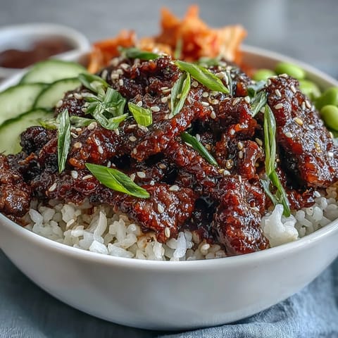 Freshly cooked Korean Ground Beef Bowl topped with colorful vegetables, spicy kimchi, and sesame seeds over warm rice.