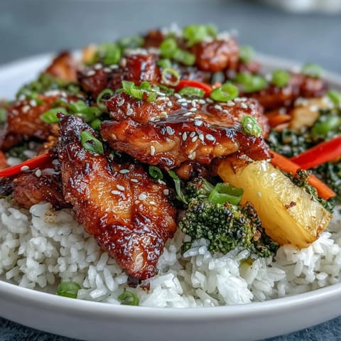 Steamed jasmine rice topped with tender teriyaki chicken, bright broccoli, and sweet pineapple chunks.