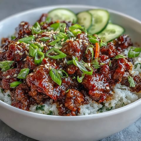 Golden ground Korean beef simmered in spicy gochujang sauce, served over fluffy white rice with fresh cucumber and carrot garnish.