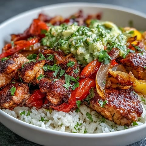 Hearty Sheet Pan Chicken Tinga Bowl featuring charred veggies, tender chicken thighs, and fresh avocado salsa on a bed of steamed rice.