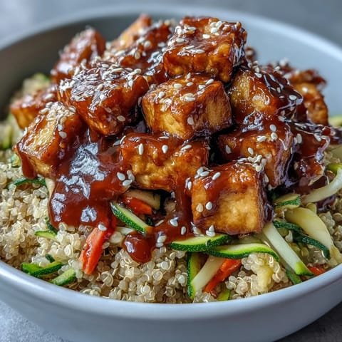 Golden-crisp baked tofu cubes and colorful spiralized zucchini and carrots top fluffy quinoa in an Easy Teriyaki Bowl.