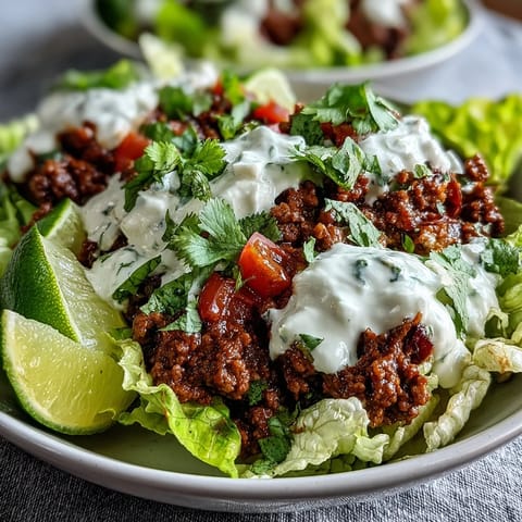 Seasoned ground beef, crisp lettuce, and fresh veggies in a colorful Healthy Taco Bowl topped with zesty lime yogurt crema.
