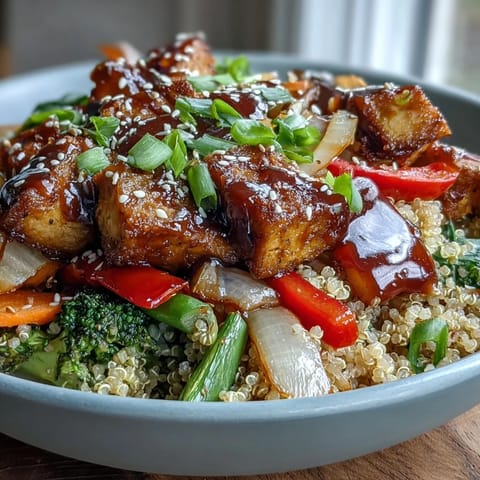 Fluffy quinoa base topped with golden crispy tofu and vibrant stir-fried vegetables in a glossy teriyaki glaze for this wholesome Quinoa Vegetable Teriyaki Bowl.
