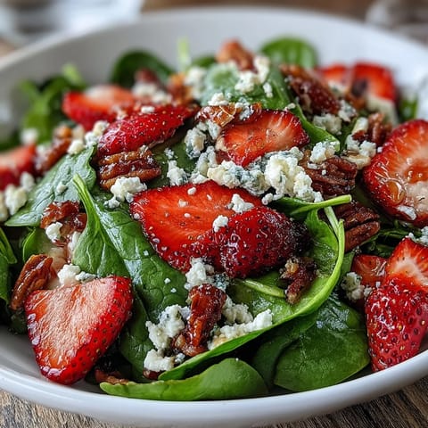 Fresh strawberry spinach salad with poppyseed dressing, bursting with sweet berries, tangy feta, and crunchy nuts in a creamy homemade dressing.