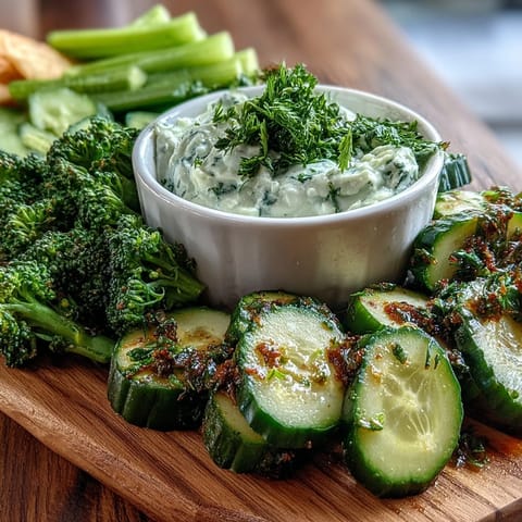 Fresh green snack board with cucumber, snap peas, and creamy avocado ranch dip, perfect for healthy entertaining.