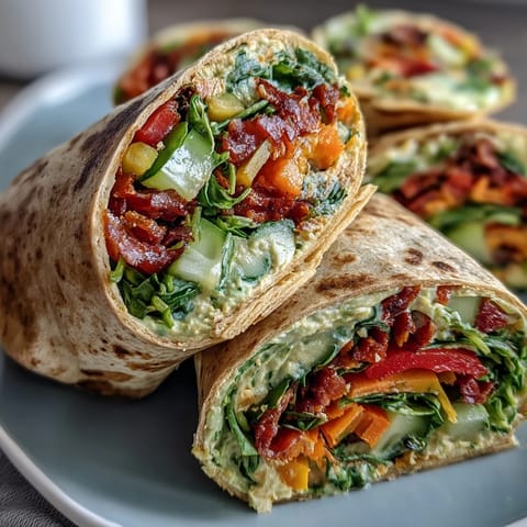 Colorful rainbow veggie wraps with crisp bell peppers, carrots, cucumber, and spinach, perfect for a healthy lunch on the go.